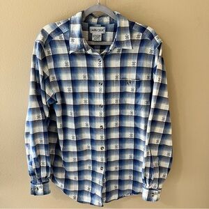 Vintage 100% Cotton Button Down Shirt Top Womens L Large Blue Plaid Cabin Creek